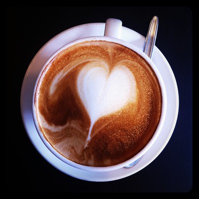 Espresso drink in mug with latte art heart