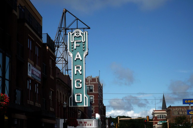 A teal vintage sign saying "Fargo"