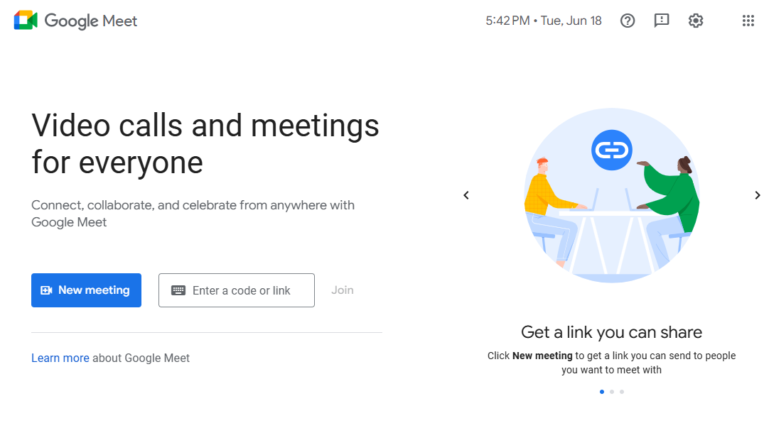 a screenshot of Google Meet homepage, a free video conferencing service from Google.