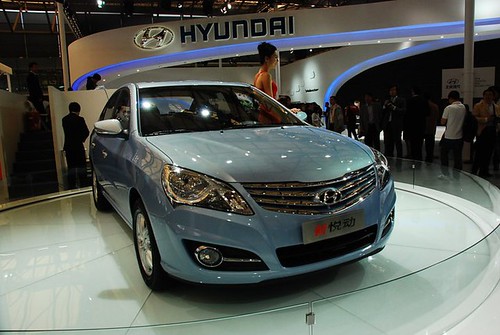 Light blue Hyundai Elantra in showroom